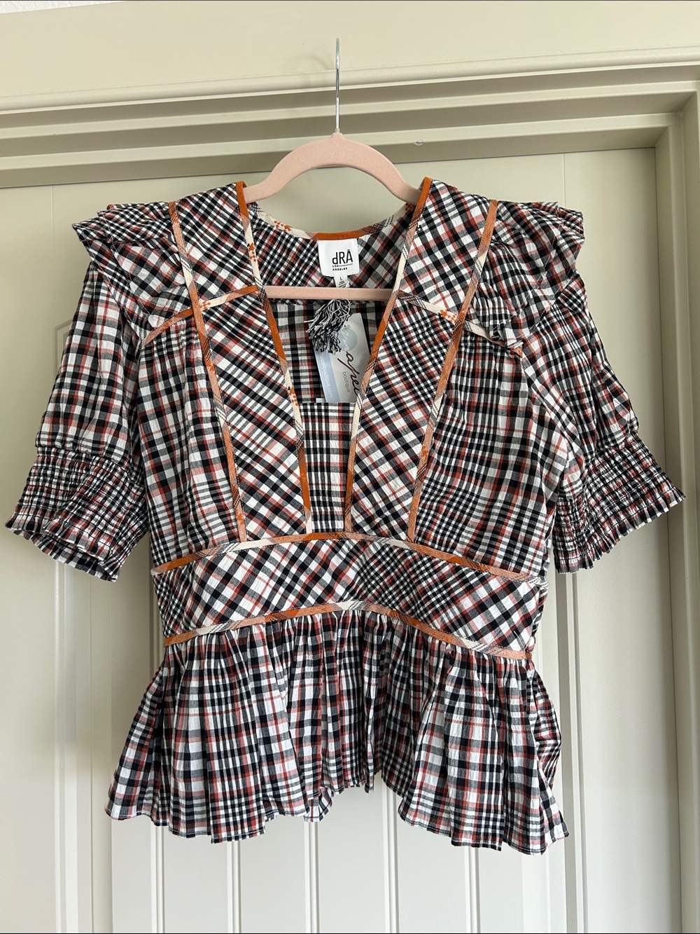 dRA Black and Brown Plaid Ruffle Peplum Blouse